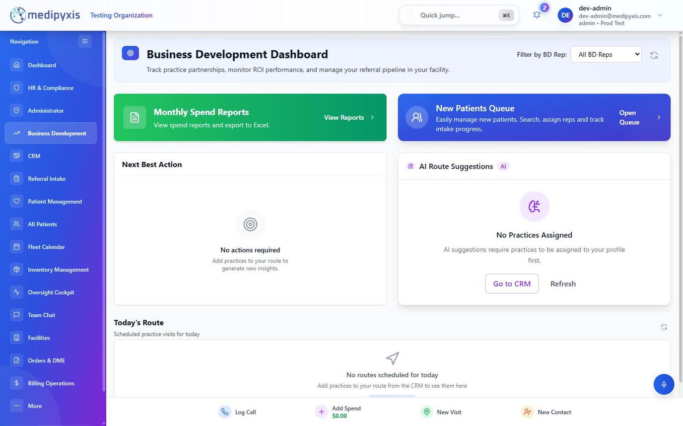 Business Development dashboard showing widgets and the quick-add strip
