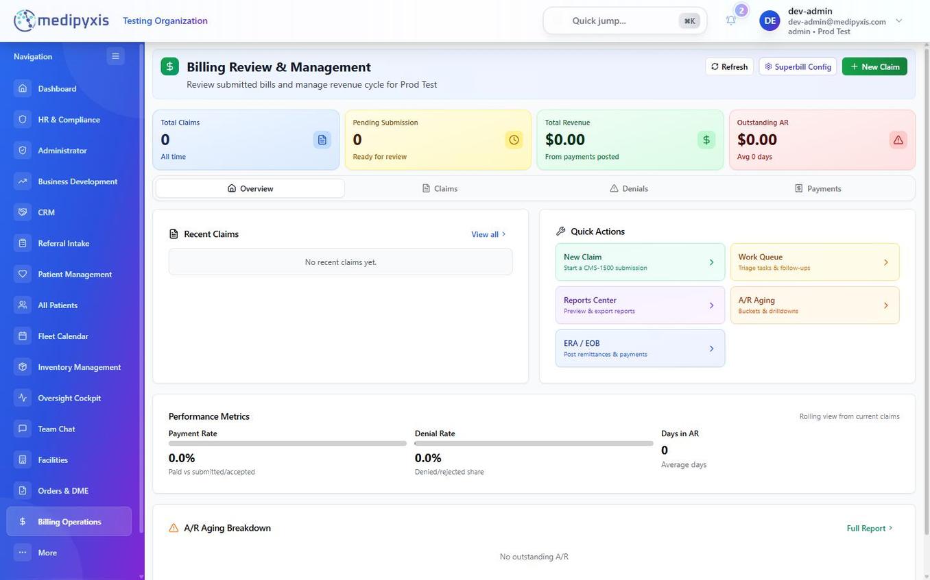Billing Operations landing page showing the four tabs and KPI summary