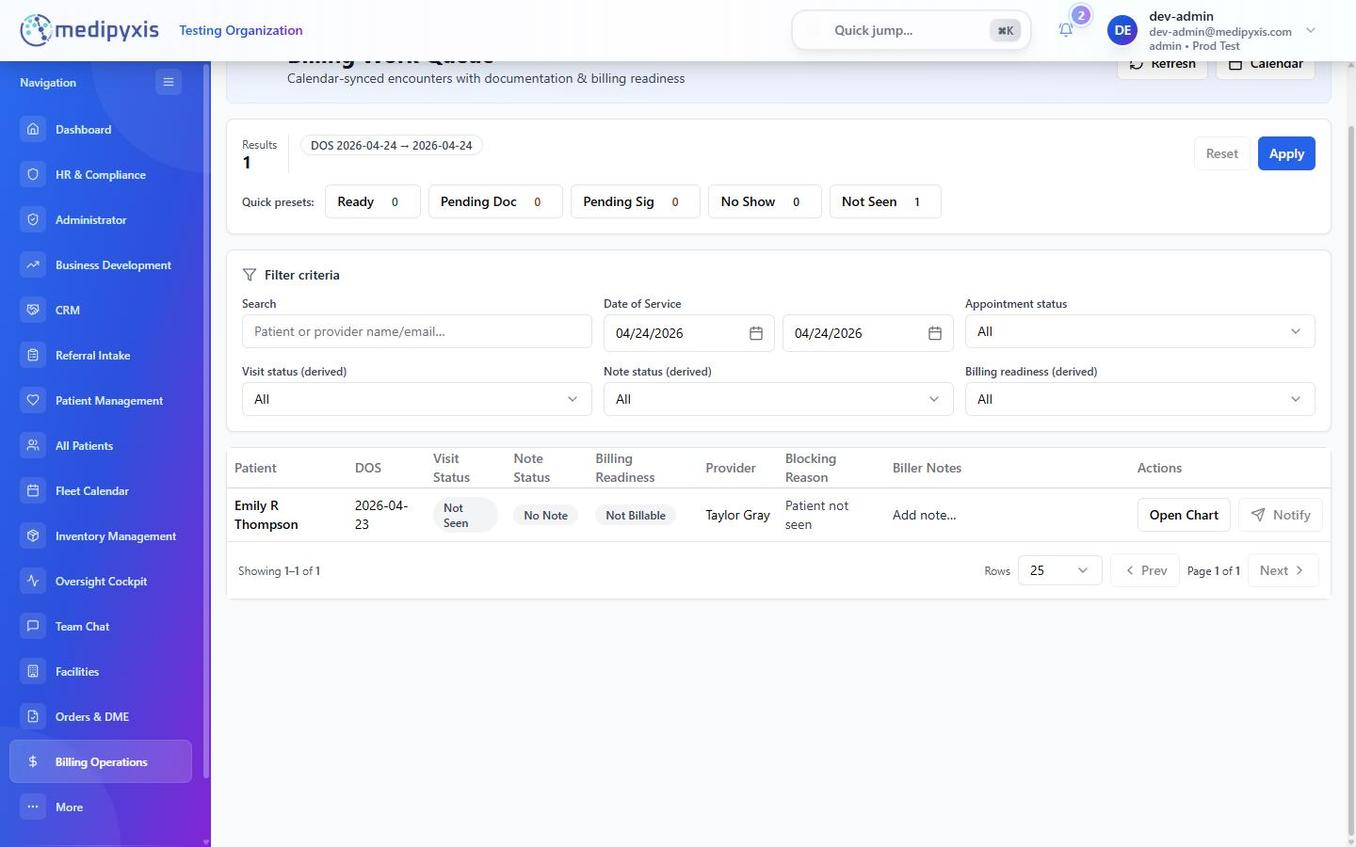 Billing Work Queue — calendar-synced encounters with readiness
