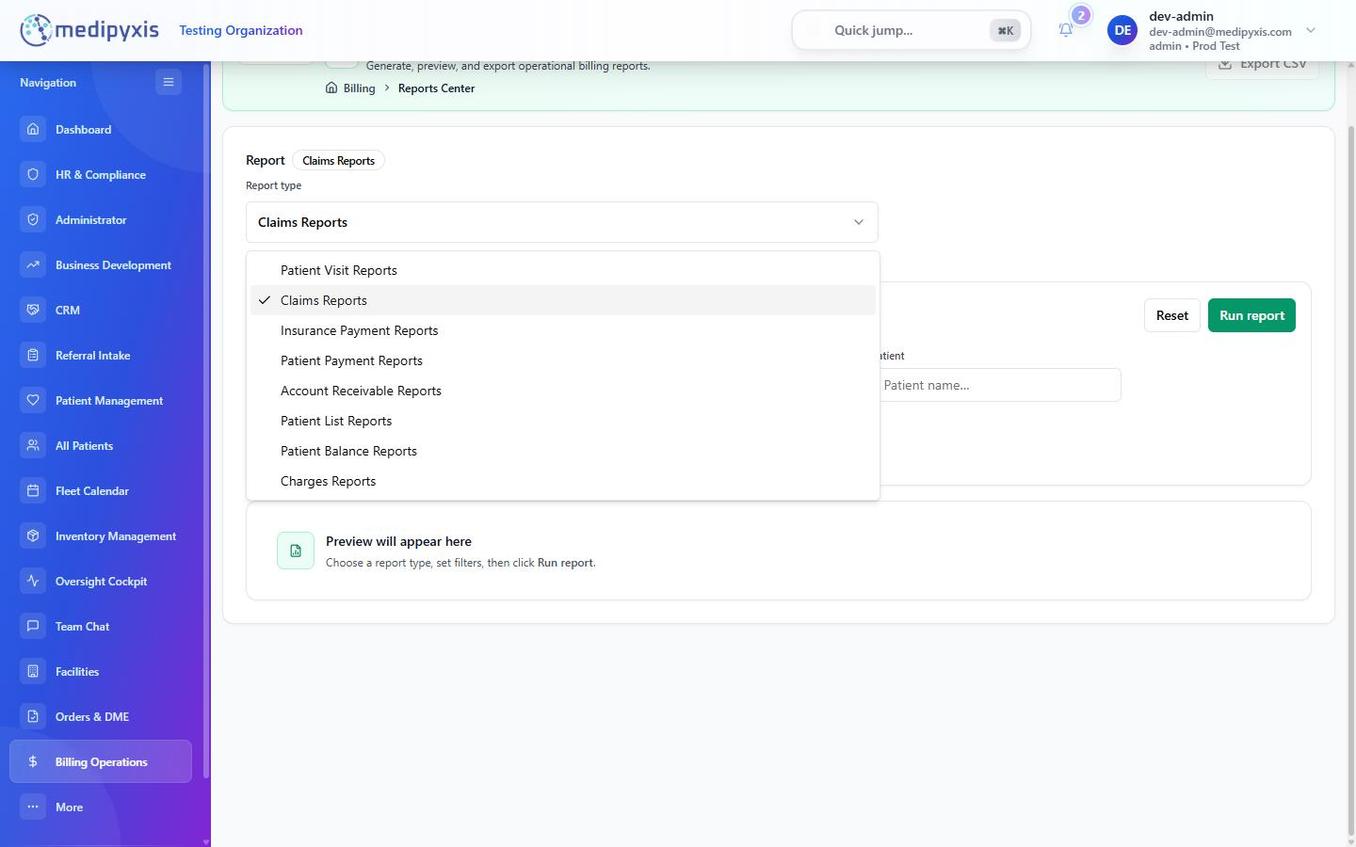 Reports Center — choose a report type, set filters, then run and export