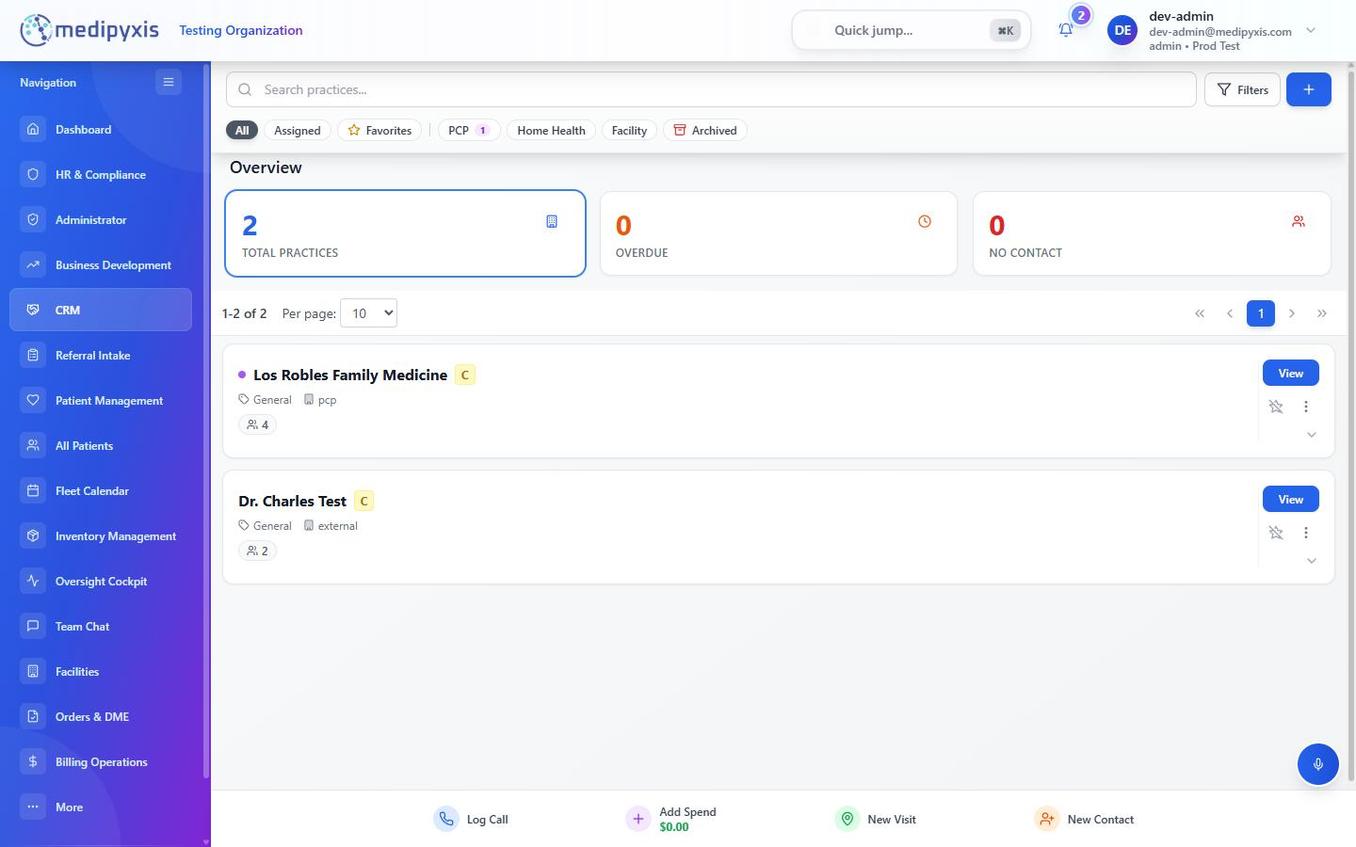 CRM practices list showing tabs and practice cards