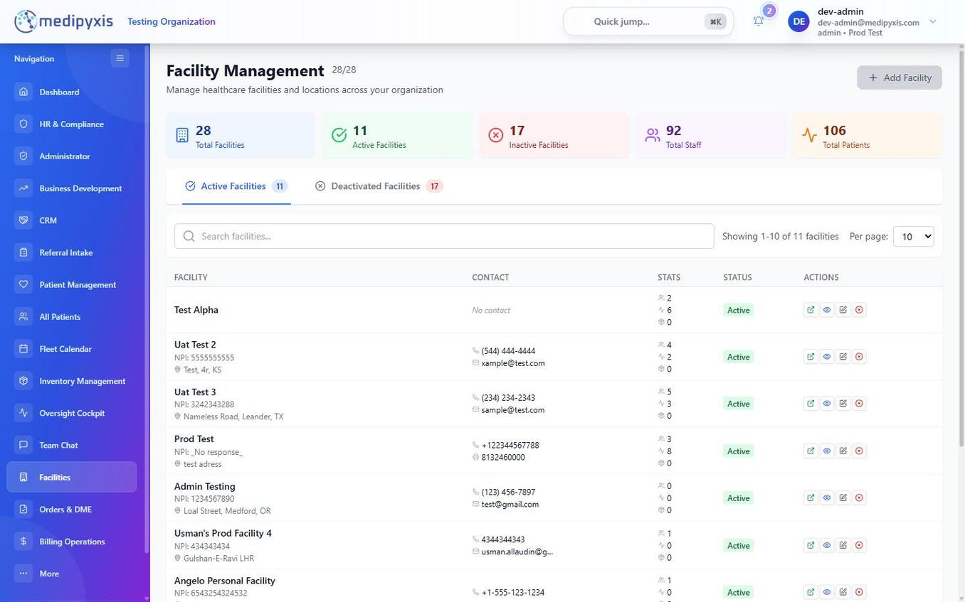 Facilities list showing columns FACILITY, CONTACT, STATS, STATUS, and ACTIONS