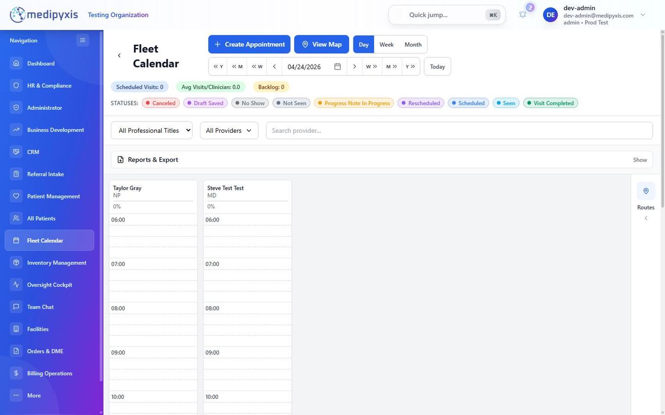 Fleet Calendar in Day view, showing swim lanes for each provider with color-coded appointment cards