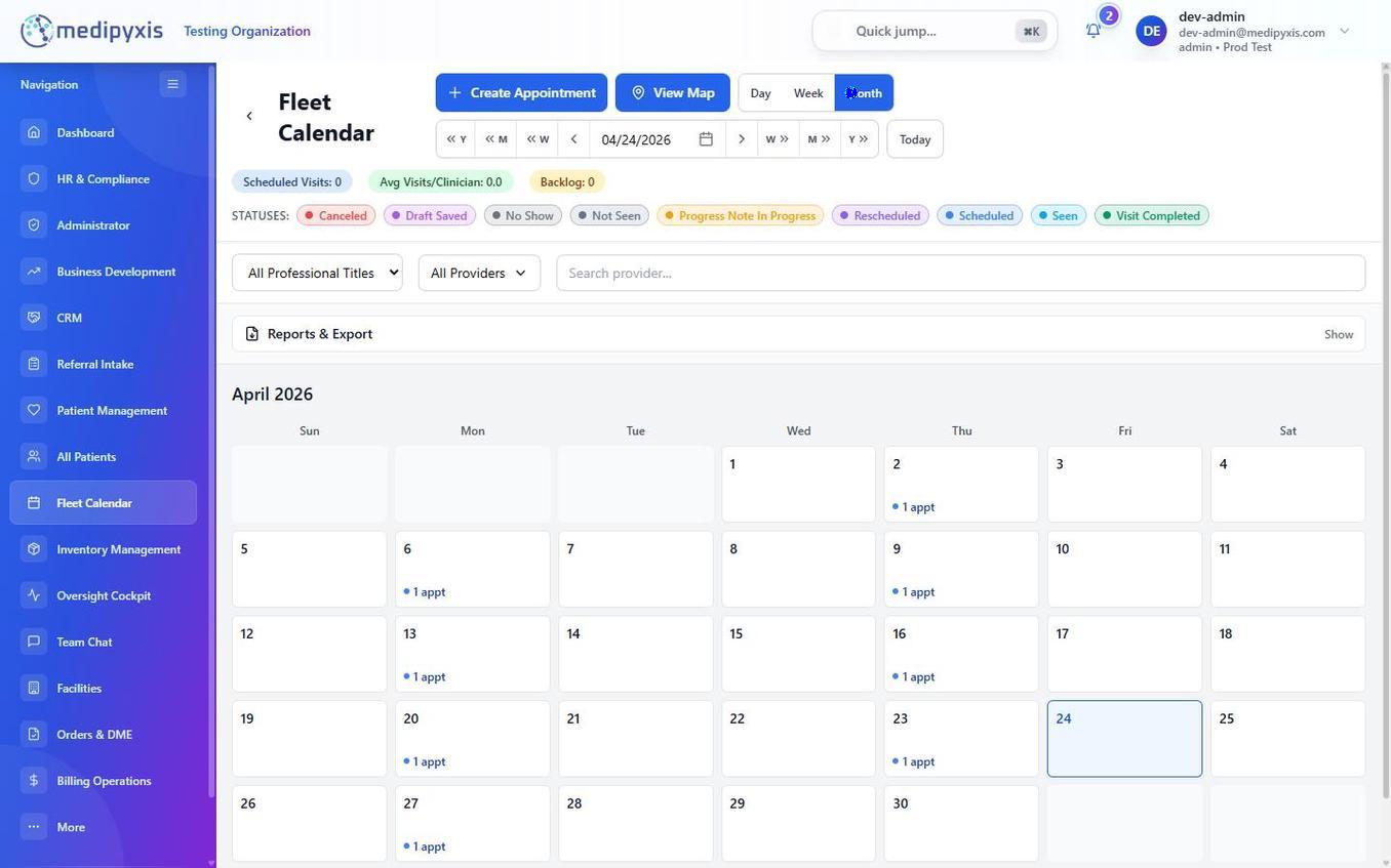 Fleet Calendar month view with day-tile appointment counts