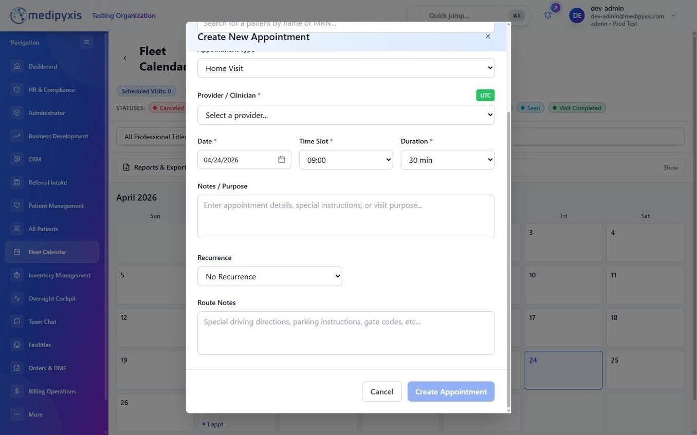 Create New Appointment dialog — bottom half showing Date, Time Slot, Duration, Notes, Recurrence, and Route Notes fields
