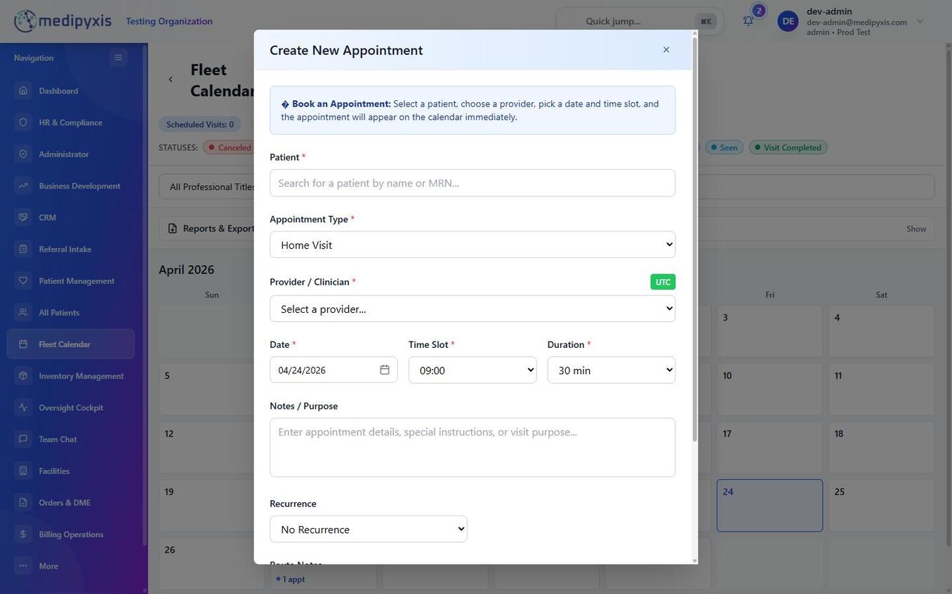 Create New Appointment dialog — top half showing Patient, Visit Type, Place of Service, and Discipline fields