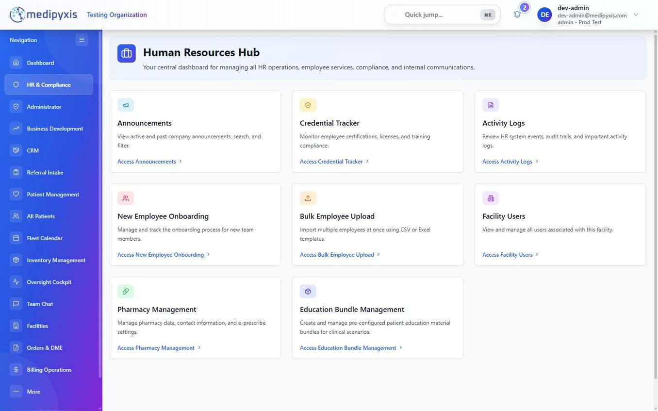 HR & Compliance hub showing Announcements, Credential Tracker, Activity Logs, New Employee Onboarding, Bulk Employee Upload, Facility Users, Pharmacy Management, Education Bundle Management, and Training Materials tiles.