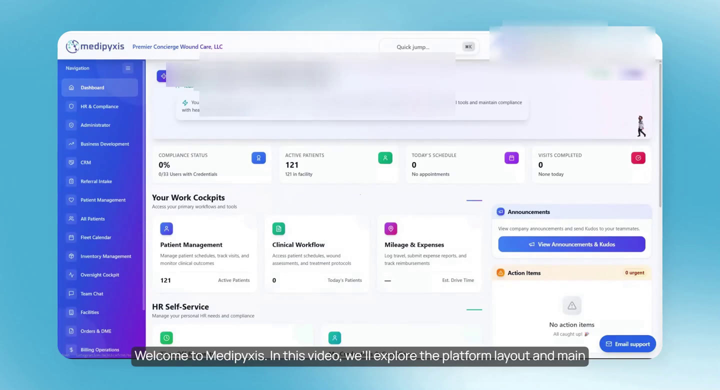 The dashboard, with the sidebar on the left and the facility at the top.