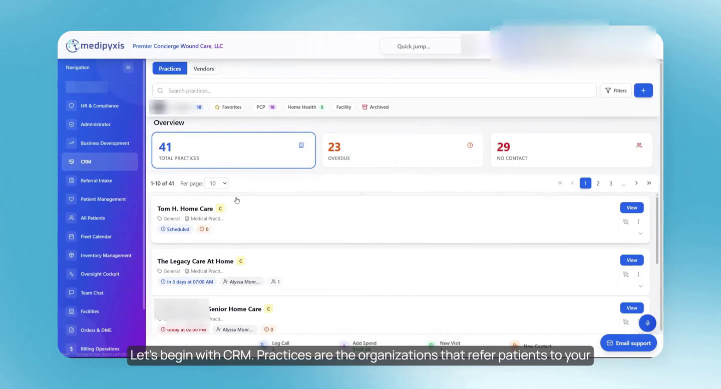 CRM practice list with the overview counts.