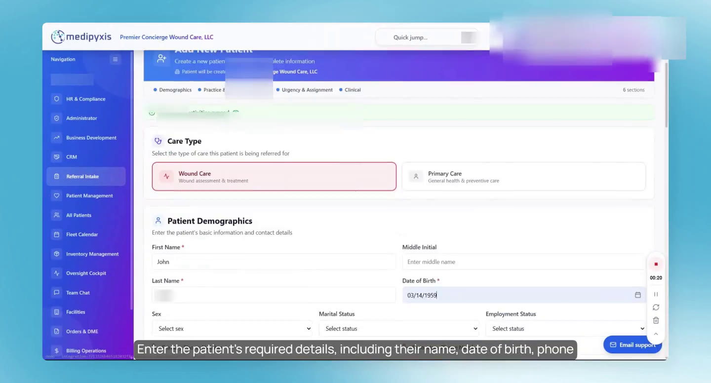 The new referral form: care type and patient demographics (made-up test patient).