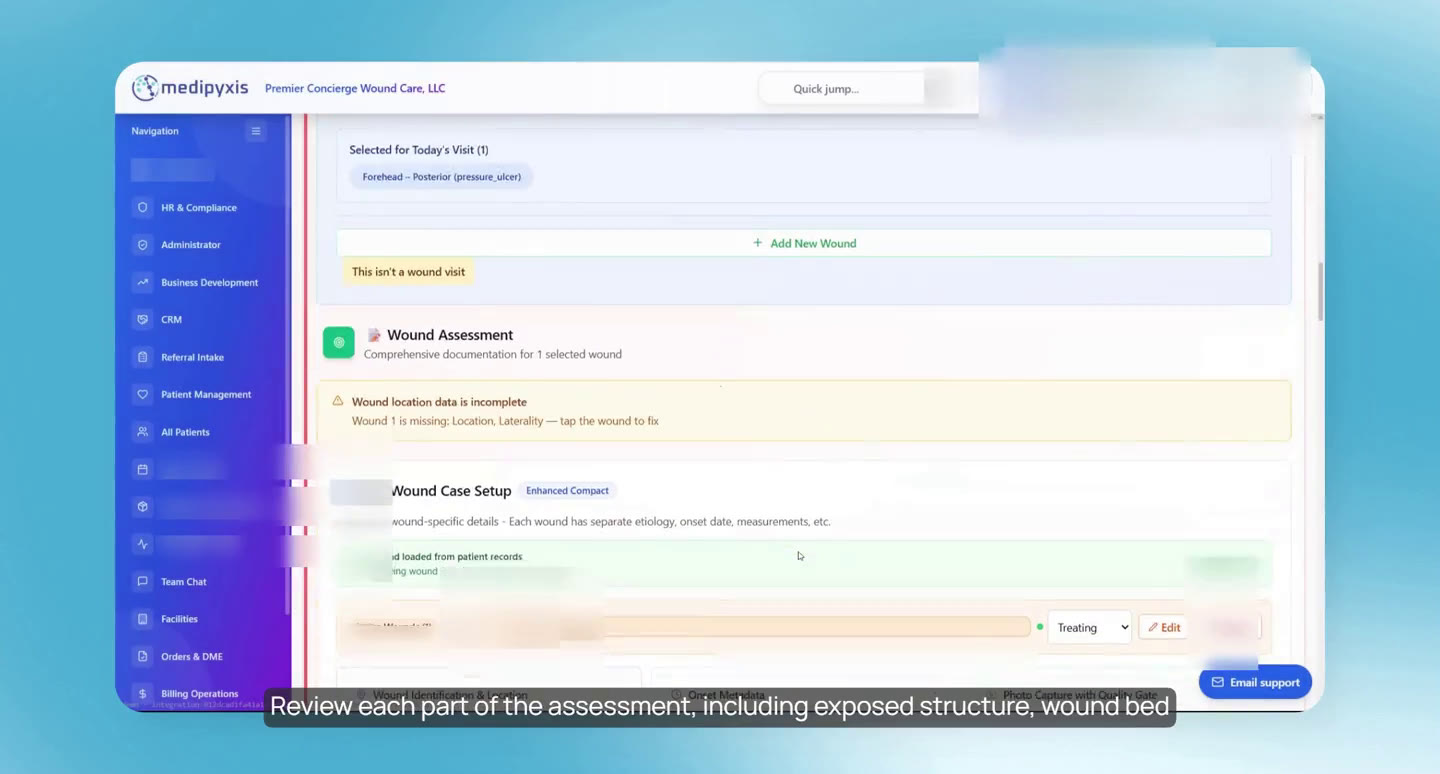 Wound assessment in the visit wizard (made-up test patient).