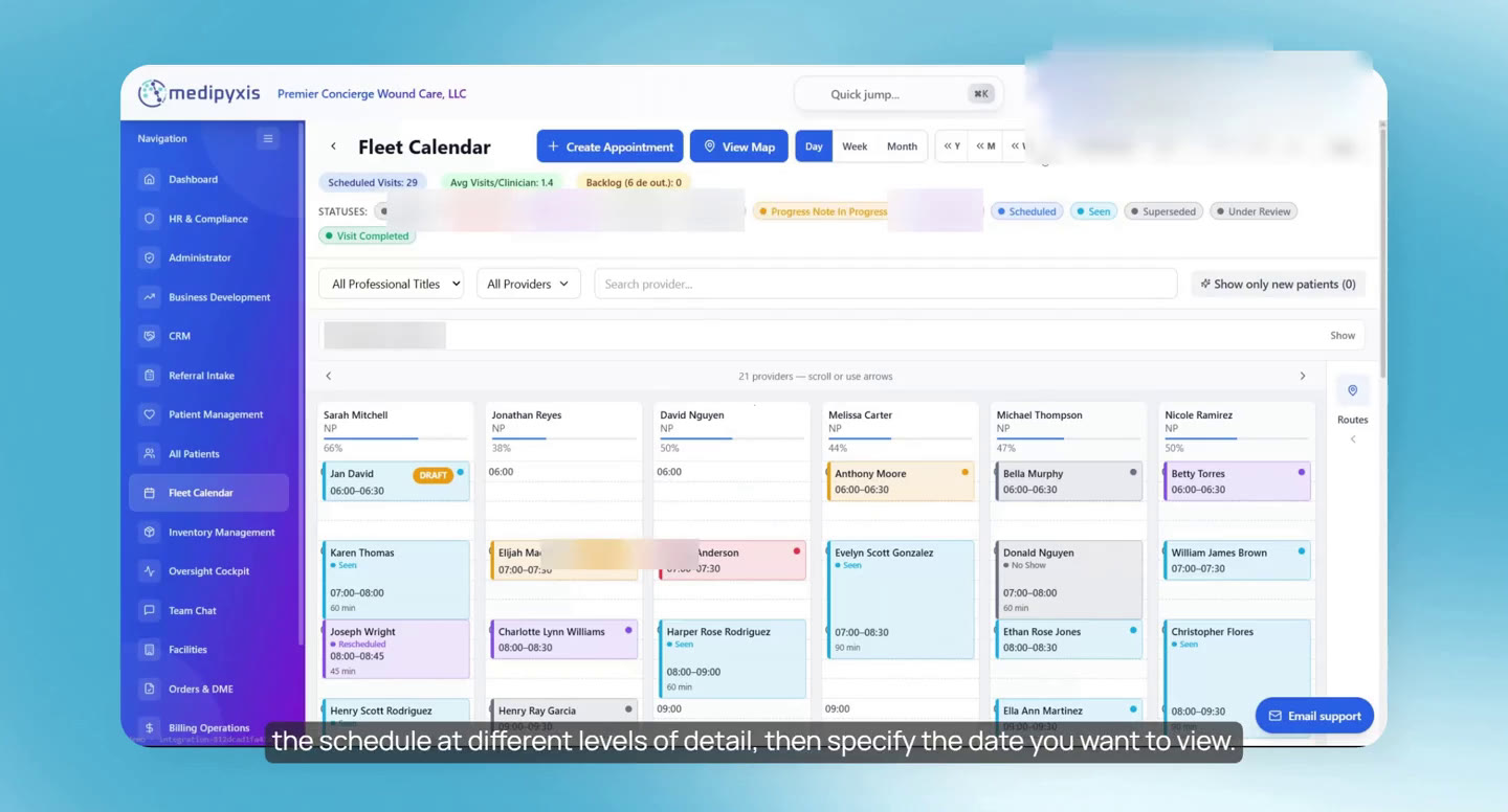 Fleet Calendar day view, one column per provider (test providers).