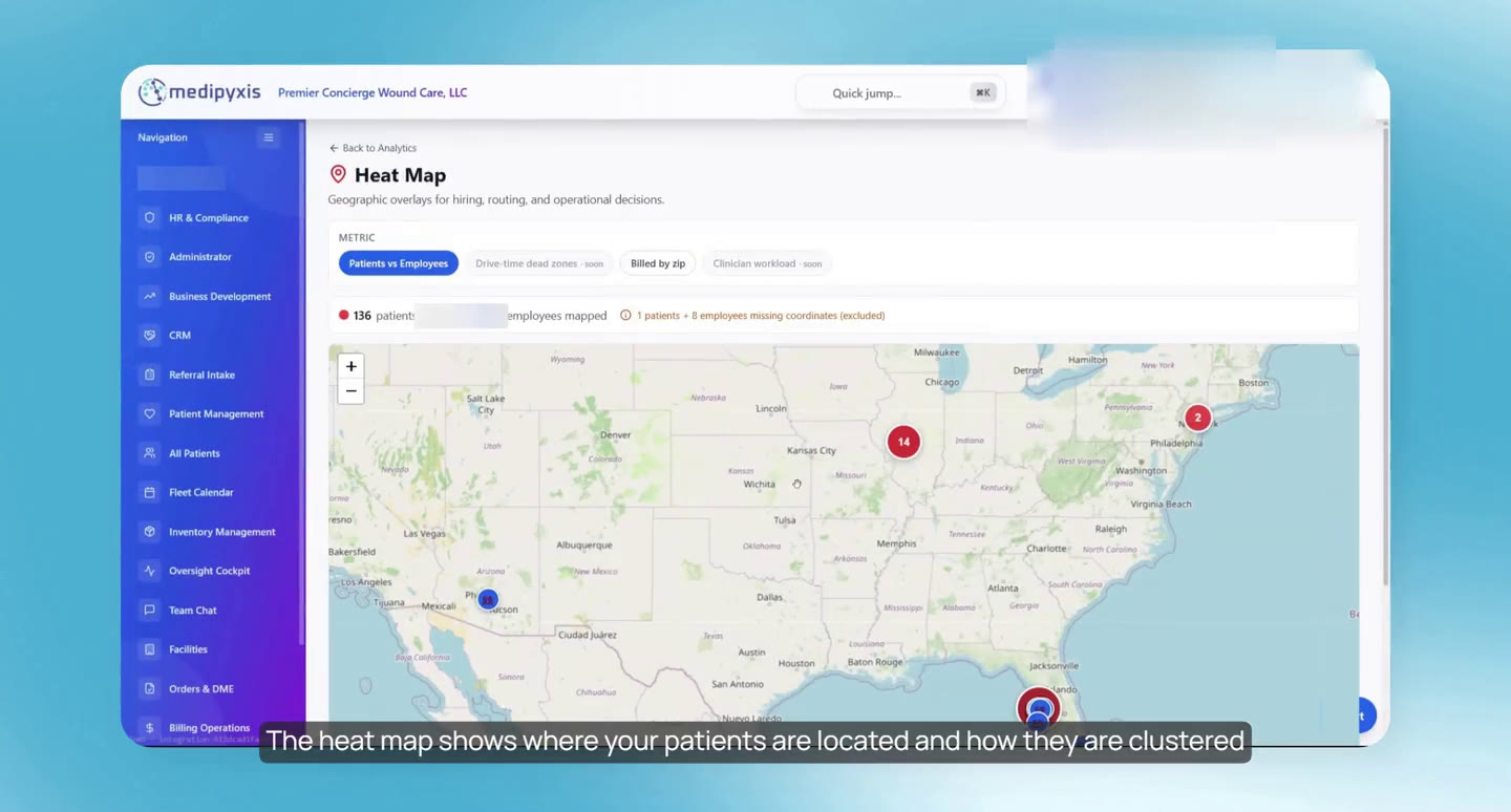 The heat map of patient locations (test data).
