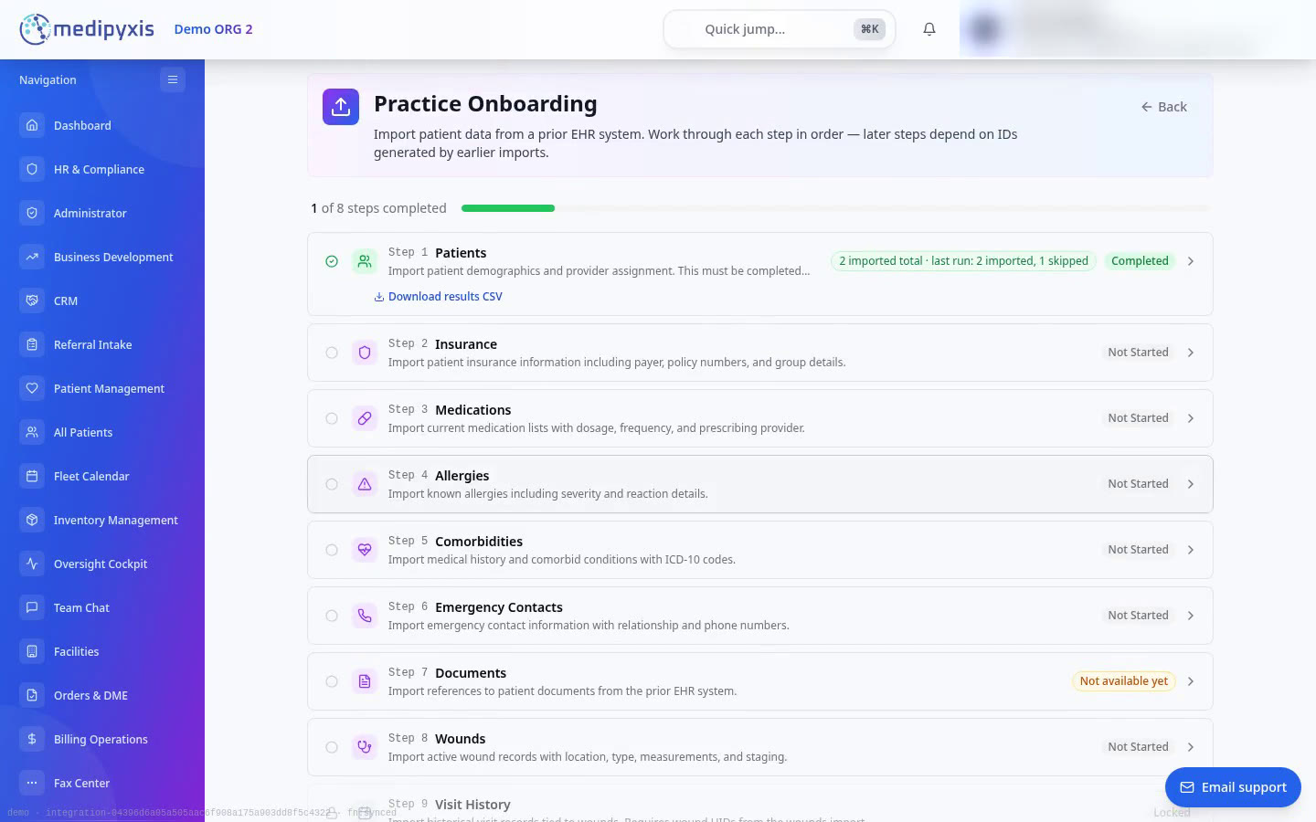 Back on the step list: Patients completed, the results file can be downloaded again, and the next steps are open.