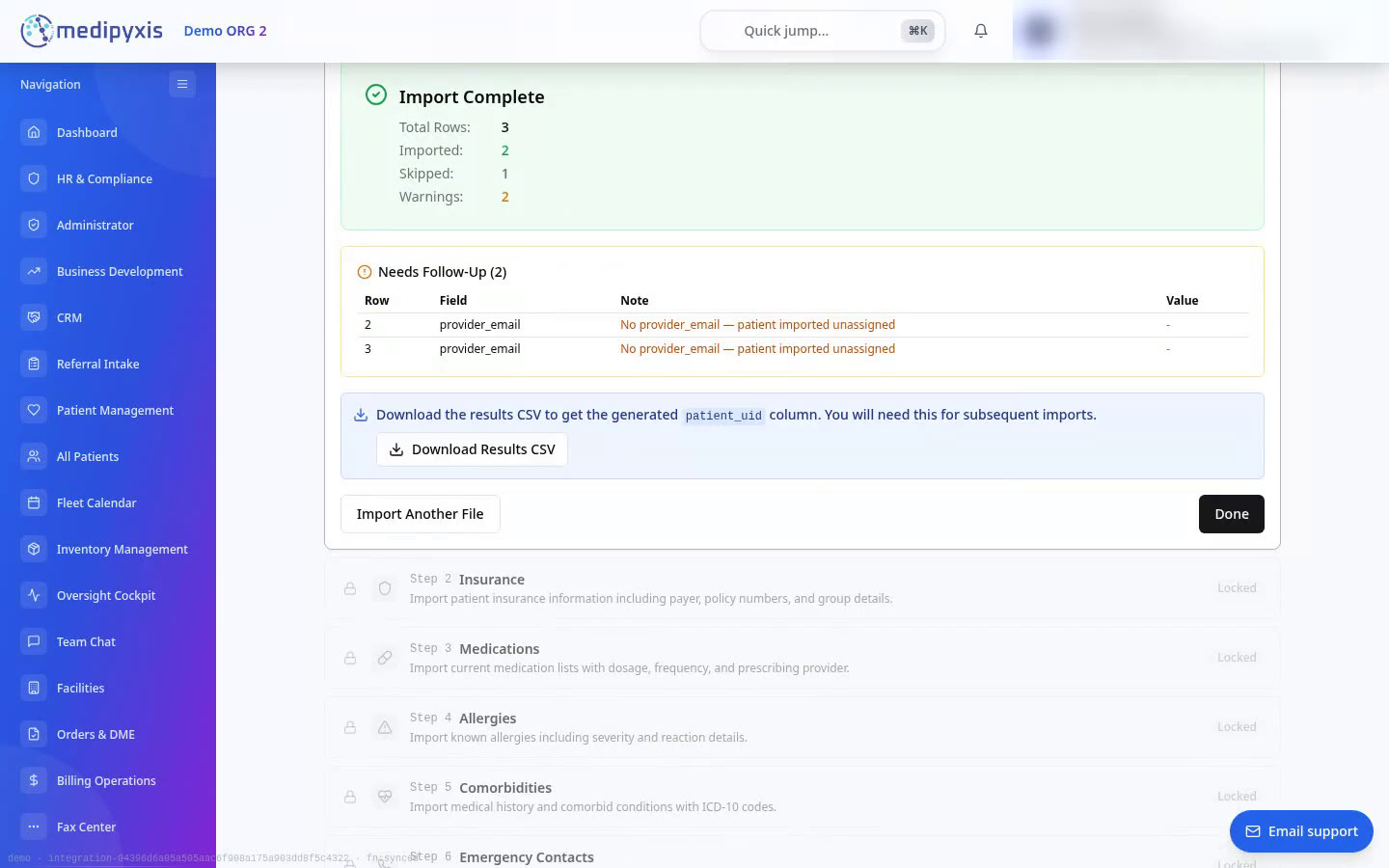 Import Complete: 2 imported, 1 skipped (a duplicate), and the Download Results CSV button.