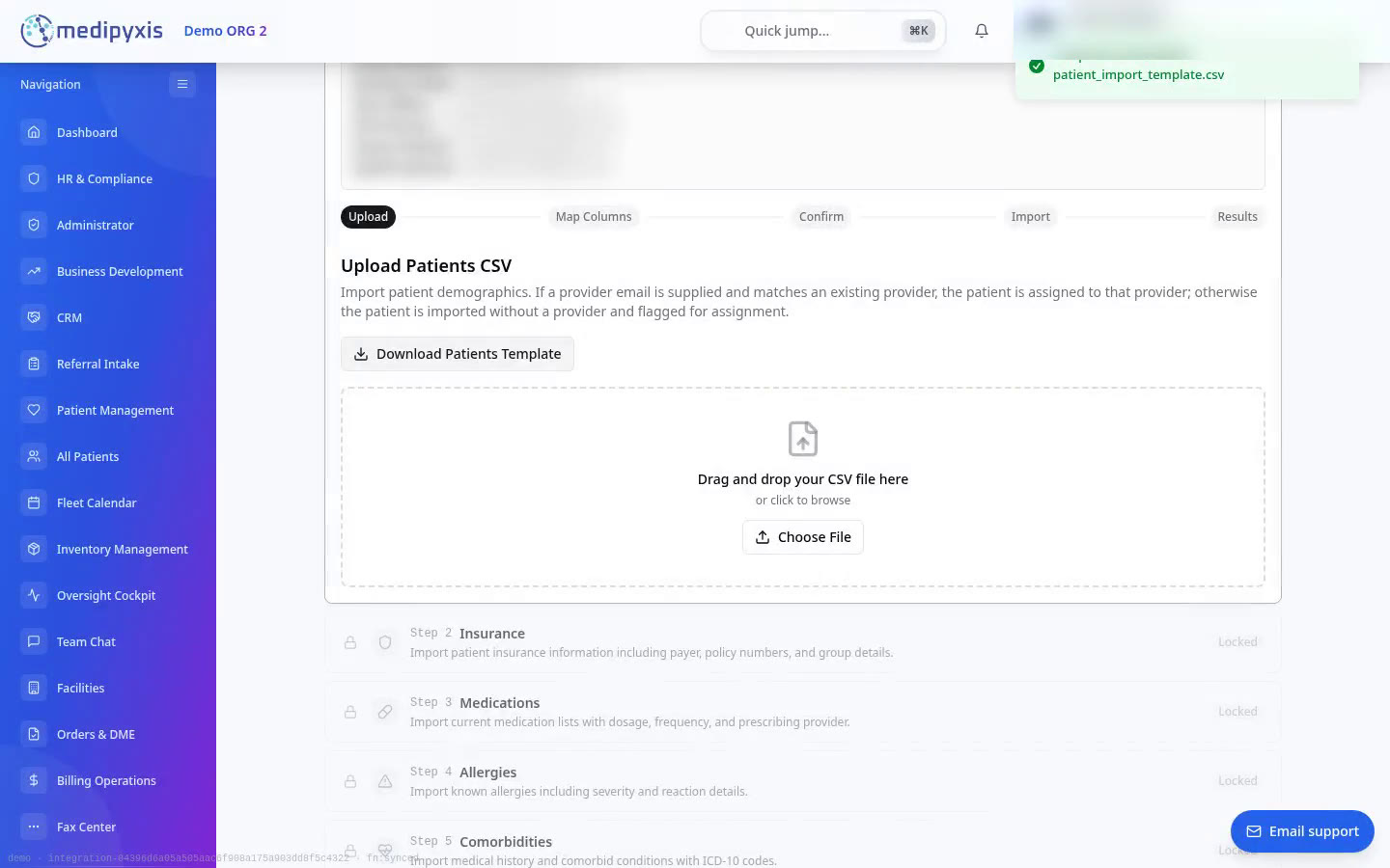 Step 1 open, with the patients template just downloaded.