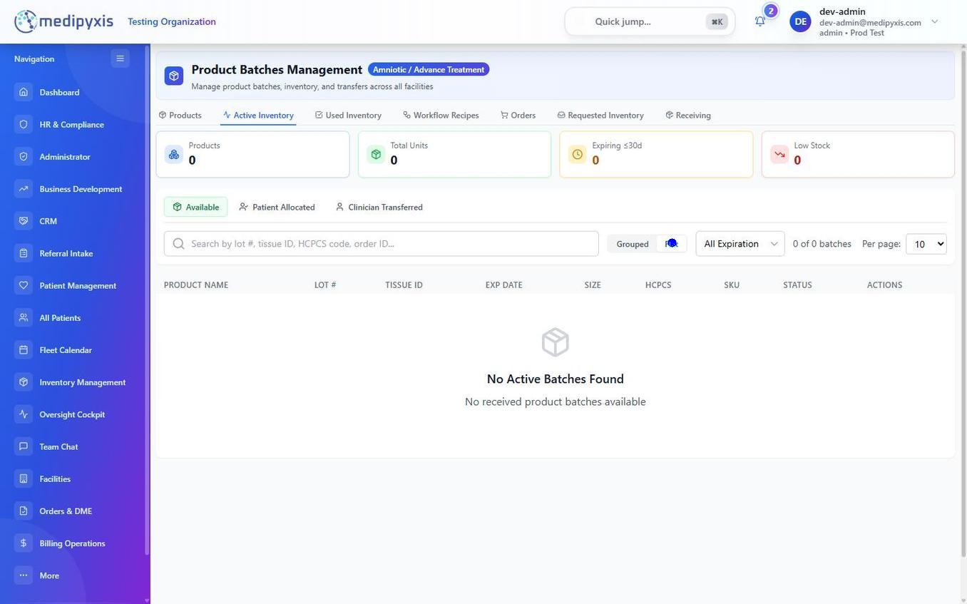 The active inventory flat view table showing columns UIN, LOT #, TISSUE ID, EXP DATE, SIZE, HCPCS, SKU, and STATUS with rows for multiple graft units.