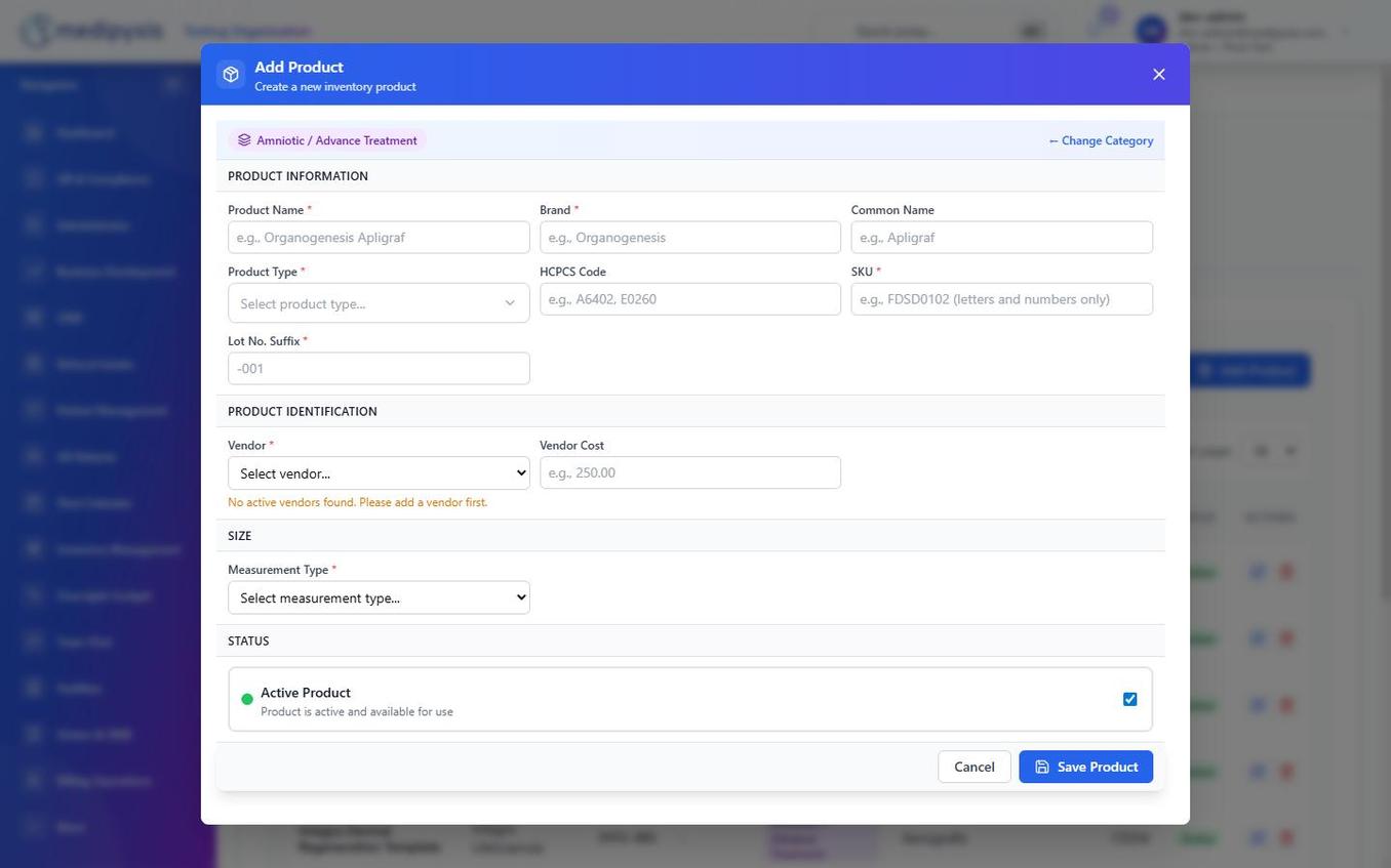 The Add Product form after a category is selected, showing fields for Name, Brand, SKU, LOT Suffix, Type, HCPCS, and Status.