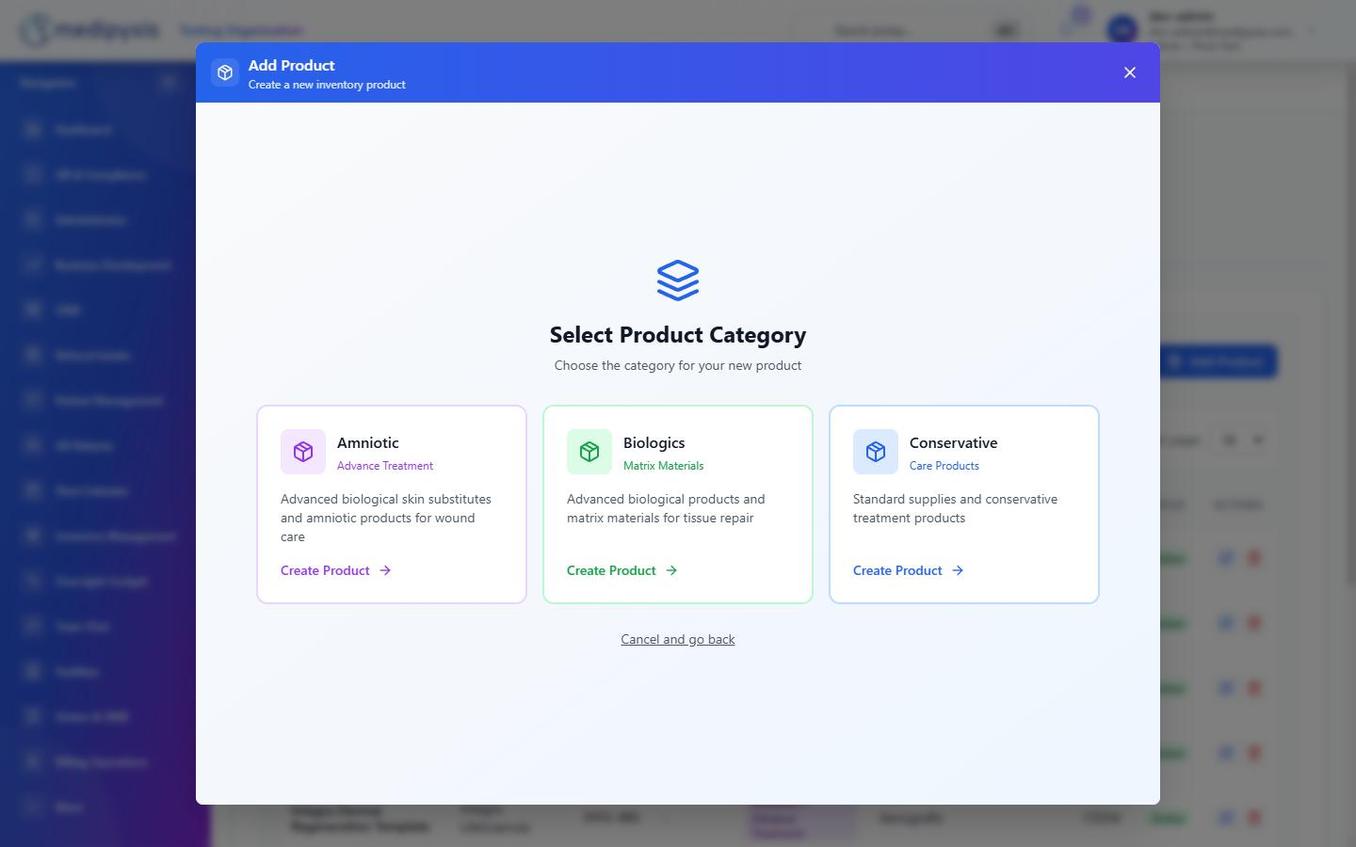 The Add Product modal showing a Category dropdown as the first required selection.