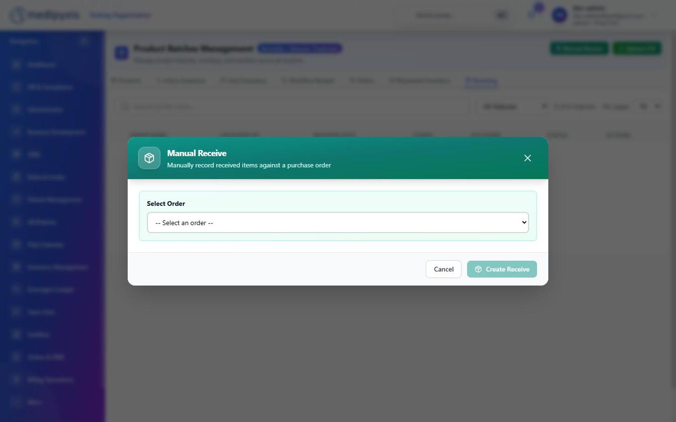 The Amniotic receiving form showing fields for Tissue ID, Lot Number, Expiration Date, Size, and HCPCS with a Receive button.