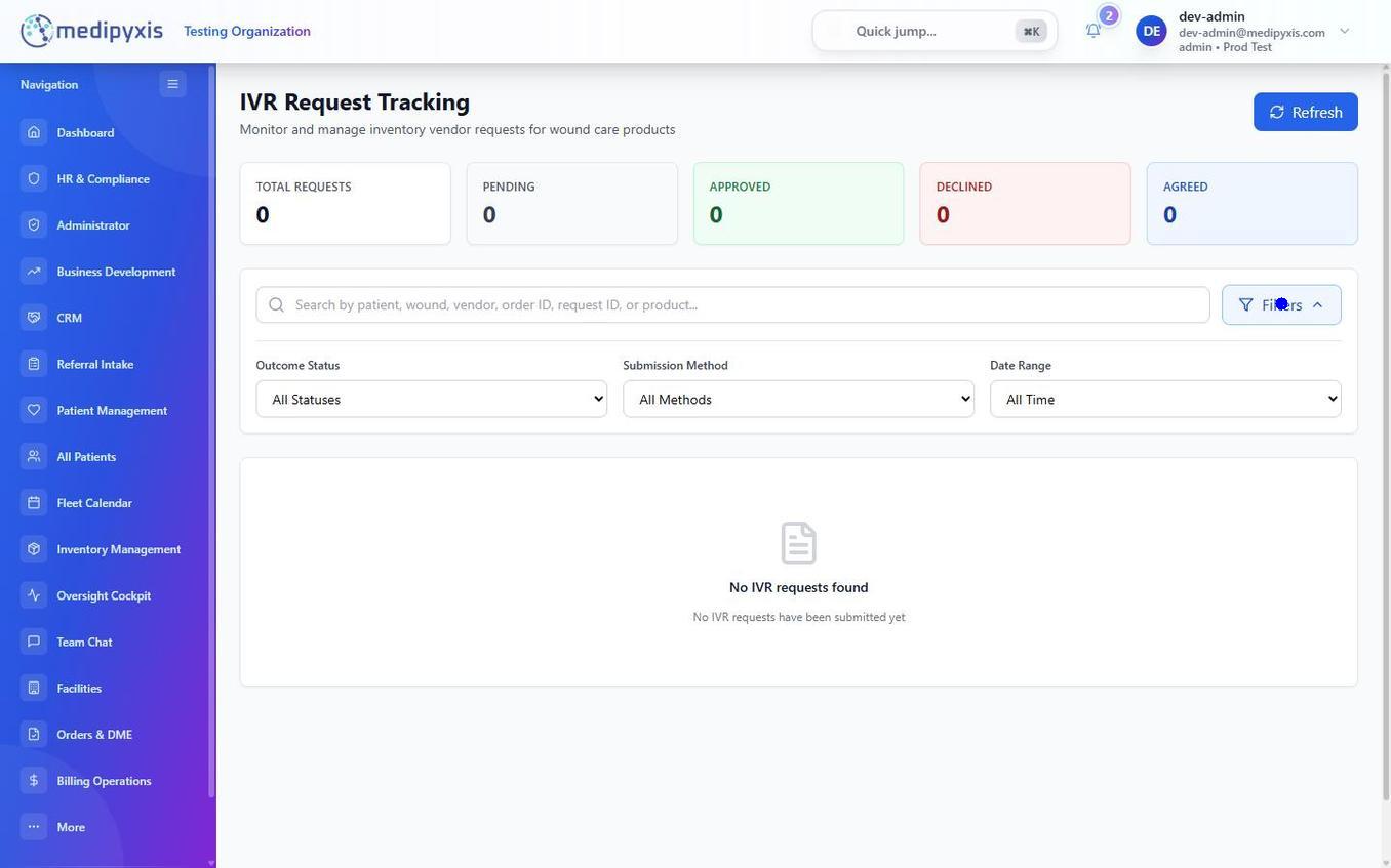 The IVR Tracking table showing IVR records with columns for patient name, product, payer, submitted date, and status badges (Submitted, Pending, Approved, Declined, Agreed).