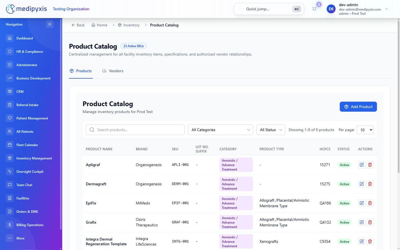 The Product Catalog table showing columns NAME, BRAND, SKU, LOT SUFFIX, CATEGORY, TYPE, HCPCS, and STATUS with sample product rows.