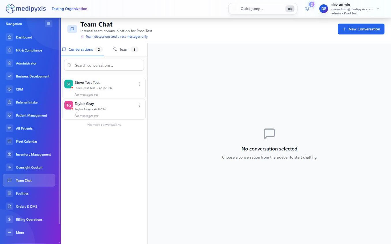 Team Chat main view showing Conversations and Team tabs