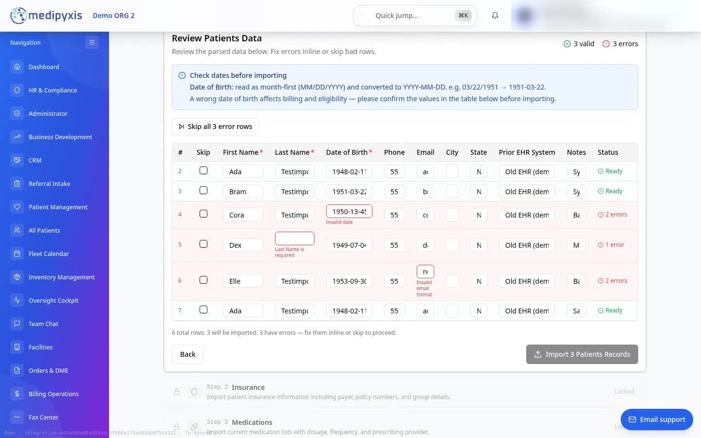 Review screen: problem rows marked in red, each with the reason