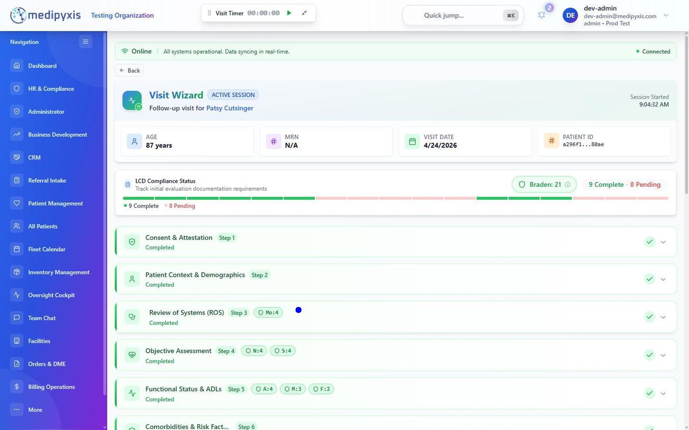 Visit Wizard section navigator and patient header
