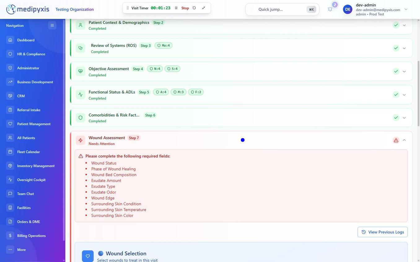 Wound assessment validation errors highlighting incomplete required fields