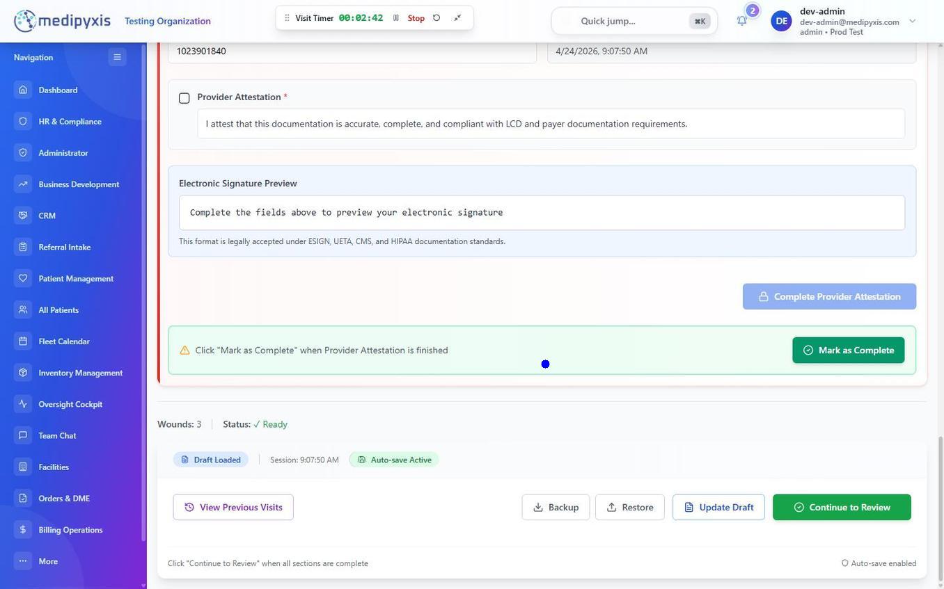Provider Attestation screen — bottom section showing the e-signature pad and Submit button
