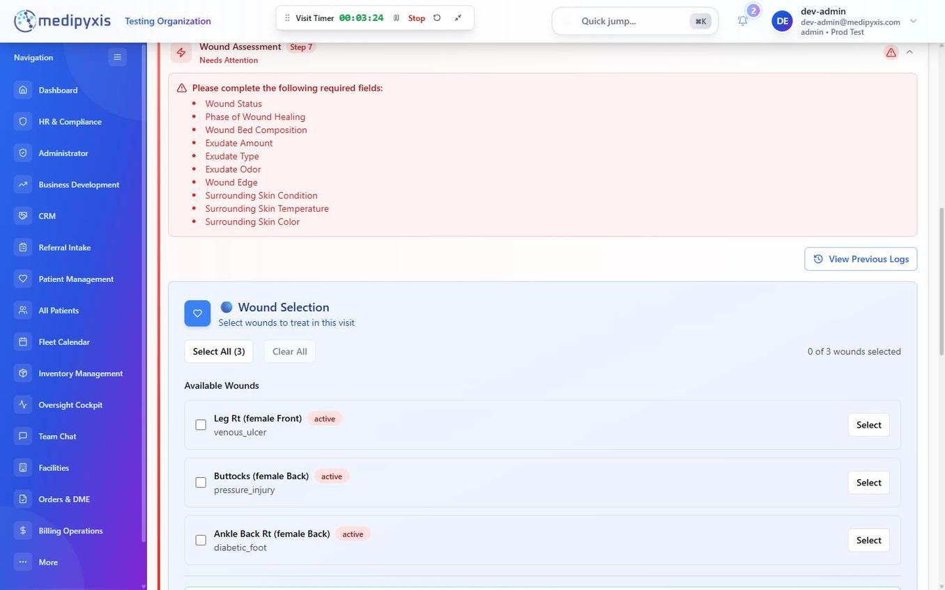 Wound assessment selection screen showing existing wounds and an Add Wound button