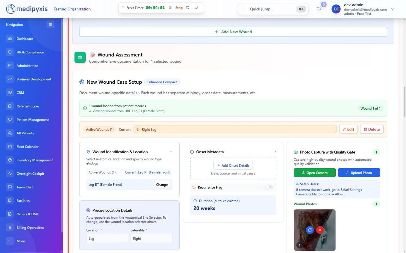 Wound assessment overview showing the full form layout before data entry